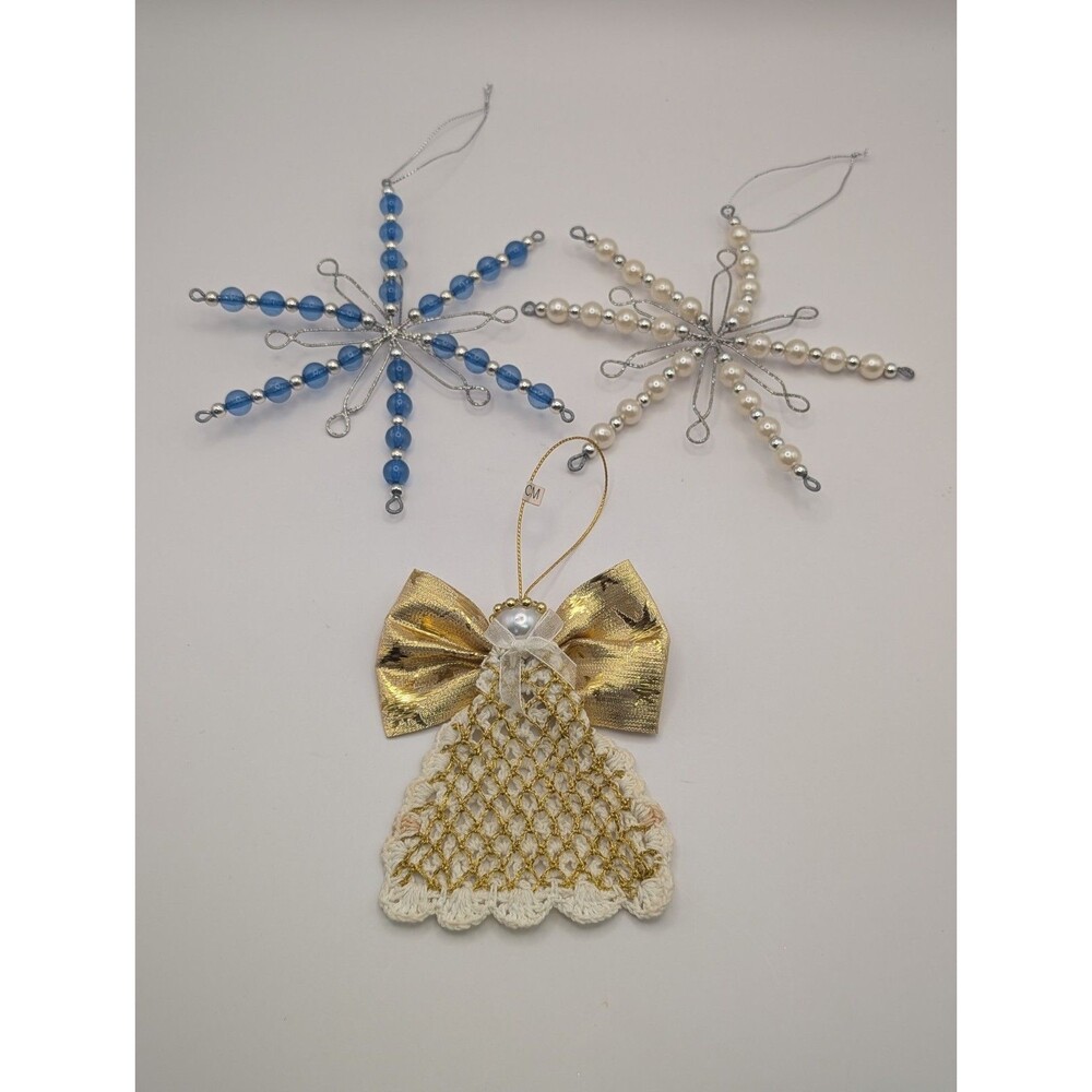 Lot of 3 Vintage Avon Crochet Lace Angel & Handmade Beaded Snowflake Ornaments